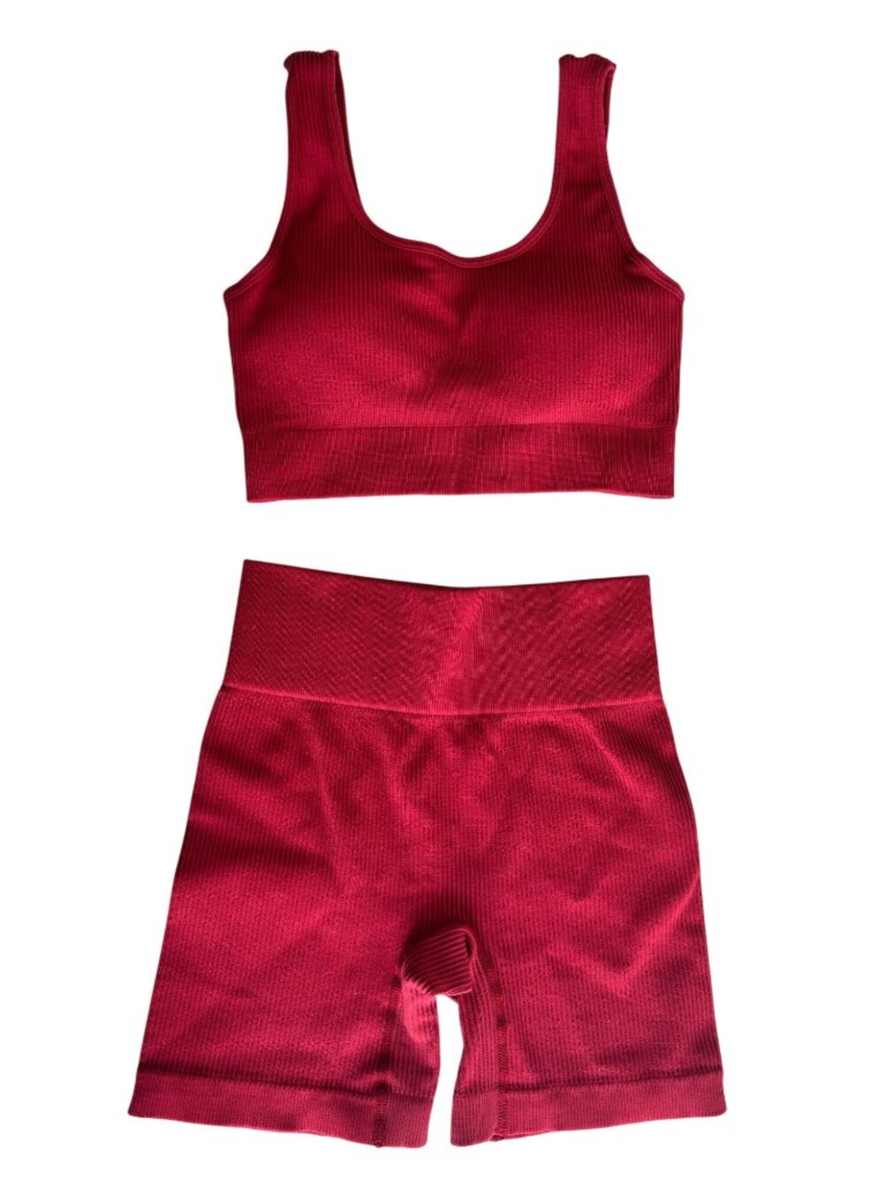Red Ribbed Seamless Sports Bra & Biker Shorts Set | Size S